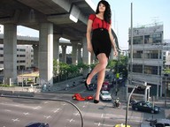 giantess collage black_hair skirt high_heels buildings looking_down streets crlvr vehicle_crush overpass kerstin
