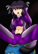 drawing giantess earth space color clothed planet purple_hair red_eyes fang navel stars cosmic_giantess beatryxx sitting_on_earth sitting_on_planet bumblebambi