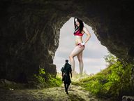 giantess collage men giantess_katelyn cave standing sky looking_at_tiny littlebee