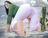 collage mega clothed barefoot brunette kneeling giantess_katelyn clouds sky looking_at_viewer climbers beanstalk littlebee
