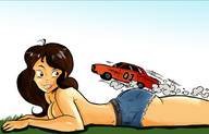 breasts drawing giantess mega color cleavage brunette topless lying_down shorts vehicles general_lee