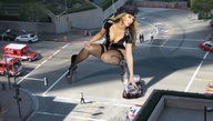 giantess collage city cleavage high_heels buildings wonderslug boots hand police_uniform fishnets people streets platforms looking_at_viewer vehicle_crush