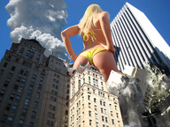 giantess collage city mega blonde butt swimsuit destruction buildings helicopter low_angle wonderslug skyscraper smoke sky point_of_view hands_on_hips behind_view street_view