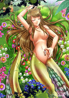 breasts drawing nude long_hair shrunken_men crawling hand belly shrunken_man grass snake_girl flowers downward_angle