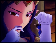 color handheld red_eyes gloves shrunken_man imminent_vore jora-bora dangling_from_tail looking_at_tiny minish pointed_ears hilda princess_hilda biting_finger the_legend_of_zelda_a_link_between_worlds