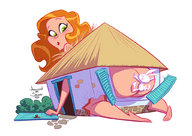 drawing growth giantess color butt barefoot green_eyes outgrowing_building red_hair houses alice_in_wonderland white_rabbit looking_at_tiny joelsondesouza alice