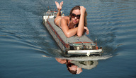 giantess collage barefoot water wonderslug lying_down sunglasses boats reflection looking_at_viewer barge
