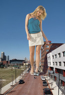 giantess collage city blonde high_heels smiling wonderslug running looking_down streets sky under_foot vehicle_crush crushed_bus holding_vehicle