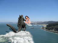 breasts giantess collage city mega swimsuit cleavage ocean brunette godzilla wonderslug crouching sky