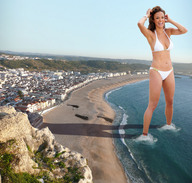 giantess collage swimsuit beach cleavage ocean buildings helicopter smiling wonderslug foot_print sand looking_at_viewer wading waterfront eva_larue