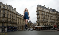 giantess collage city blonde long_hair dress boots bus walking vehicles paris pedestrians between_buildings rocketman rocketmangts