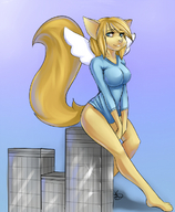 drawing giantess furry wings color large_breasts blue_eyes buildings shirt amatae