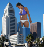 breasts giantess collage panties city mega cleavage bra buildings brunette unknown_artist skyscraper los_angeles sky bikini_top