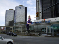 breasts giantess collage city blonde buildings boots sitting mask streets latex sky looking_at_viewer leotard purple_outfit zipper tigersruhl84 sara_underwood