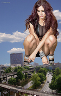 collage city mega long_hair destruction buildings helicopter squatting hand looking_down clouds sky ggd dulce_maria