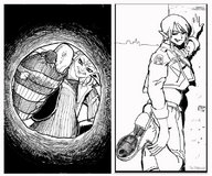 drawing comic monochrome toes insole in_shoe socks shrunken_man point_of_view looking_at_viewer shoe_insertion pointed_ears theborrowergts