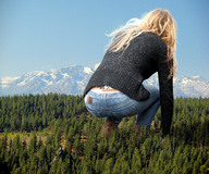 collage mega blonde clothed wonderslug kneeling mountains forest sky trees mischa_barton behind_view