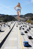 giantess collage blonde barefoot traffic soles smiling wonderslug legs shorts looking_down foot_print freeway mountains vehicles raised_foot imminent_crush