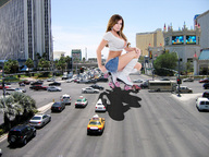 giantess collage traffic brunette socks wonderslug streets vehicles las_vegas earrings looking_at_viewer roller_skates vehicle_crush casinos