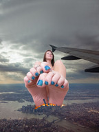 collage city mega destruction toes barefoot fire skyscrapers clouds sky blue_toe_nails toe_ring aerial_view looking_at_viewer minecraftdubstep