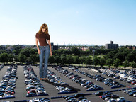 giantess collage city clothed brunette wonderslug looking_down standing vehicles parking_lot trees alexis_bledel