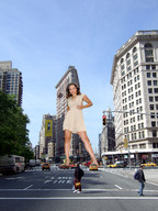giantess collage city buildings brunette wonderslug dress legs streets vehicles looking_at_viewer vehicle_crush street_view