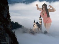 breasts giantess collage mega long_hair cleavage huge_breasts brunette castle lingerie mountains encolhido daphne_rosen fog neuschwanstein_castle