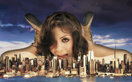 collage city mega mouth brunette brown_eyes lying_down boots giantess_katelyn skyscraper sky looking_at_viewer waterfront