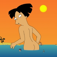 breasts drawing giantess black_hair color butt robot beach water ocean purple_hair asian ponytail sun shrunken_people swimming leela futurama bender amy_wong philip_j_fry spider-matt