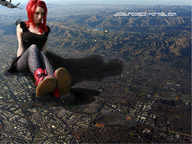 collage landscape mega destruction clothed helicopter red_hair boots sitting foot_print mountains goth aerial_view joselitooo23