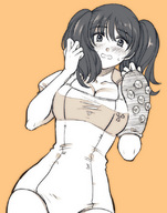 giantess blushing monochrome long_hair cleavage low_angle embarrassed gloves looking_down bodysuit point_of_view looking_at_viewer leotard eyelashes ayamiya_fumi seven_deadly_sins diane_(seven_deadly_sins)