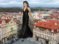 giantess collage buildings brunette dress unknown_artist village walking vehicles angelina_jolie black_dress
