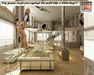 giantess collage small_man blonde high_heels butt_crush pinned captions looking_at_viewer squeezemeflat wall