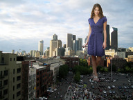 giantess collage city buildings brunette wonderslug dress sandals walking skyscraper people parking_lot crowds vehicle_crush anahi_gonzales holding_vehicle
