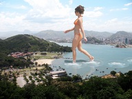 giantess collage swimsuit barefoot water brunette wonderslug mountains bay boats kate_beckinsale wading