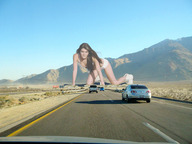 giantess collage long_hair desert brunette wonderslug boots crawling mountains highway vehicles looking_at_viewer