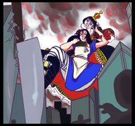 breasts drawing giantess city mega black_hair color destruction skirt dress boots crown queen fighting giantesses alice_in_wonderland molotav point_of_view necklace madness_returns knife queen_of_hearts alice hair_pull