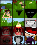 vore comic color tongue fairy uvula grin fangs shrunken_woman inside_mouth flowers countryside bat_wings rubbing_belly feedfancier