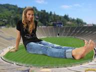 giantess collage feet toes barefoot smiling stadium sitting grass looking_at_viewer lowerrider areana