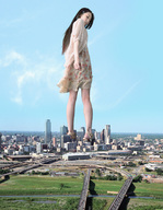 collage city mega low_angle asian dress looking_down skyscraper standing sky methane