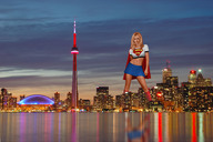 giantess collage city mega blonde skirt helicopter wonderslug supergirl skyscraper tower sarah_michelle_gellar cape top looking_at_viewer toronto cn_tower evening waterfront city_lights dc_comics bare_legs bare_midriff