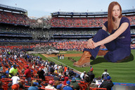 giantess collage clothed stadium wonderslug red_hair boots sitting grass foot_print field looking_at_viewer crowds sports_field