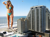 giantess collage long_hair swimsuit beach barefoot ocean wonderslug airplane sand sky denise_richards