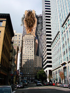 giantess collage city long_hair destruction buildings brunette low_angle wonderslug vehicles sky between_buildings behind_view street_view