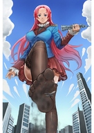 drawing feet city long_hair destruction clothed handheld soles stockings low_angle red_hair unknown_artist airplane looking_down painting clouds sky foot_pov point_of_view thigh_highs looking_at_viewer raised_foot street_view imminent_crush stocking_foot hte volcano_poplar