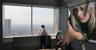giantess collage blonde wonderslug hand grabbing kristen_bell broken_window looking_at_tiny