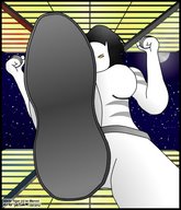 drawing city black_hair yellow_eyes ponytail foot_crush night costume point_of_view blcksheep superheroine white_tiger marvel_comics