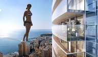 collage city mega swimsuit ocean buildings brunette sunglasses looking_at_viewer balcony wading rooftop_view balcony_view