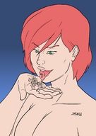 drawing micro vore tongue licking handheld green_eyes pink_hair shrunken_people looking_at_tiny spokle