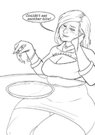 drawing vore blonde monochrome handheld cleavage shrunken_men shrunken_man plate between_fingers looking_at_victim spokle dinner_plate